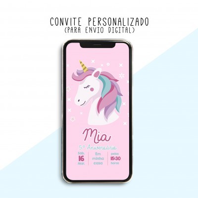 Convite digital de aniversário com unicórnio colorido num ecrã de telemóvel