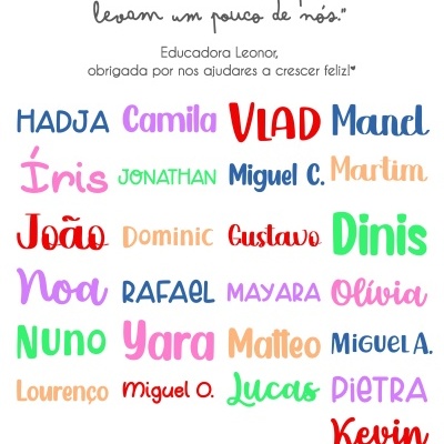 Quadro decorativo com frase inspiradora e vários nomes coloridos de crianças para o ano letivo 2023-2024