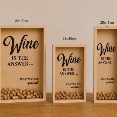 Caixas decorativas de madeira com texto sobre vinho e rolhas, em três tamanhos, sobre superfície de madeira com jarra e livros ao lado.