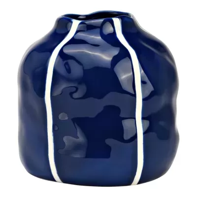 Vaso cerâmico azul escuro com linhas brancas