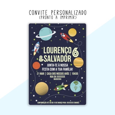 Convite personalizado com tema espacial azul escuro e texto em português