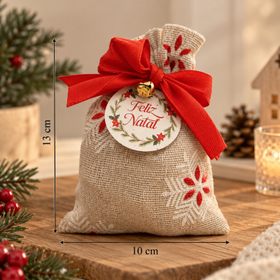 Saco natalício bordado com laço vermelho e etiqueta Feliz Natal