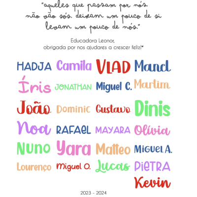 Texto manuscrito e impresso colorido com nomes e frase de agradecimento