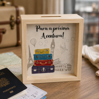 Cofre de madeira para poupança com design de viagem em mesa com passaporte e bilhete