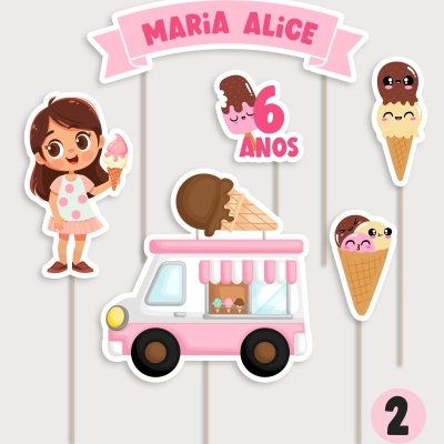 Conjunto de recortes decorativos para festa infantil com tema de gelados e aniversário.