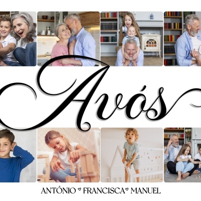 Colagem de fotos familiares de avós com netos e texto 'Avós' em caligrafia elegante