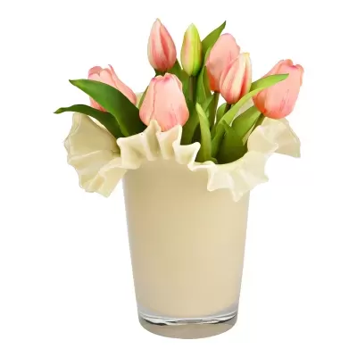 Vaso de vidro creme com flores rosas artificiais