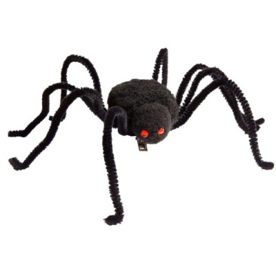 Aranha decorativa preta com olhos vermelhos em fundo branco