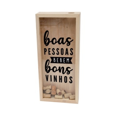 Caixa de madeira com tampa de vidro e texto em preto