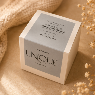 Caixa de vela aromática Tranquilidade em ambiente com malha bege e flores secas