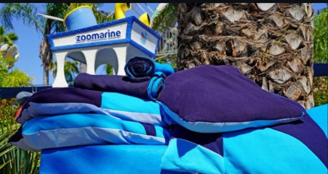 Produtos têxteis azuis e roxos ao ar livre junto a árvore e placa Zoomarine
