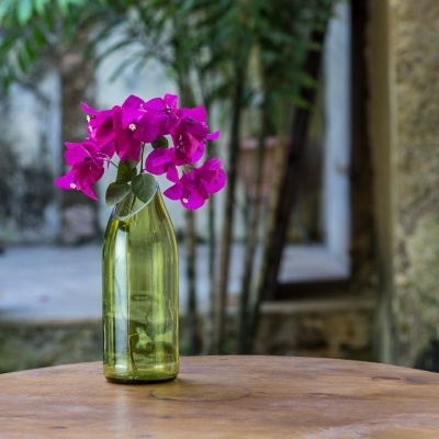 Vaso verde com flores roxas sobre mesa de madeira em jardim