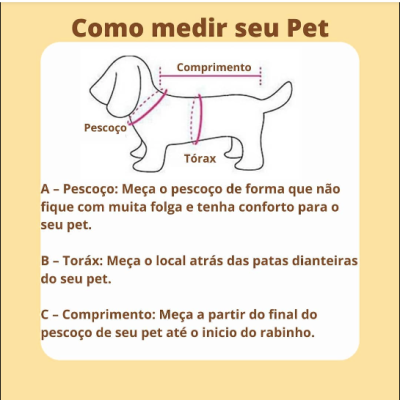 Desenho e instruções sobre como medir um cão para pet com indicações de pescoço, tórax e comprimento.