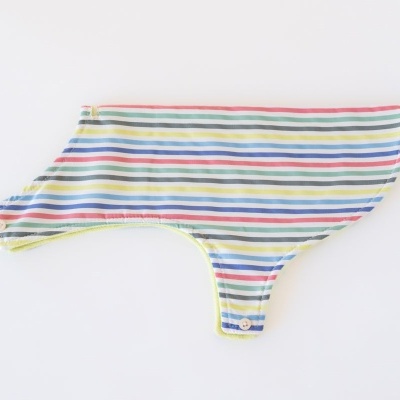 Roupa para cão com riscas coloridas e botões brancos