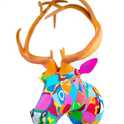Cabeça decorativa de veado colorida com galhadas grandes.