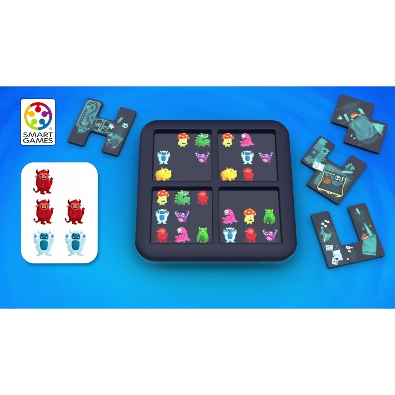 Jogo de tabuleiro com peças e cartas de monstros coloridos