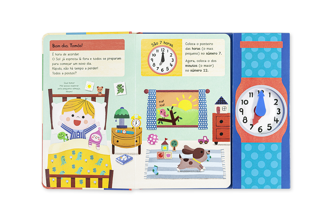 Livro infantil ilustrado com relógios analógicos para aprender as horas