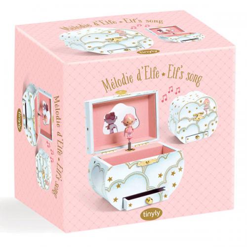 Caixa de música branca com estrelas douradas, figura de elfo e bailarina, embalagem cor-de-rosa