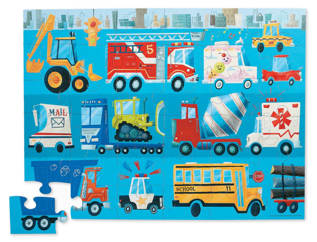 Puzzle com desenhos de vários veículos coloridos sobre fundo azul