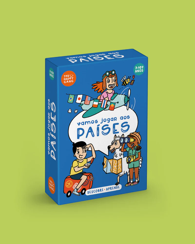 Caixa azul de jogo vamos jogar aos PAÍSES com ilustrações de crianças e cão aventureiro