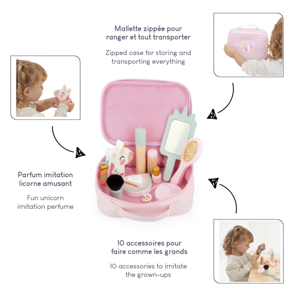 Conjunto infantil cosméticos rosa com mala zip e acessórios temáticos de unicórnio