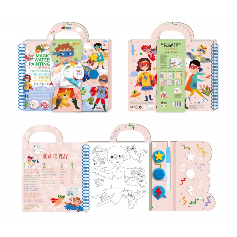 Livro de pintura com água Magic Water Painting com espiral e carimbos coloridos