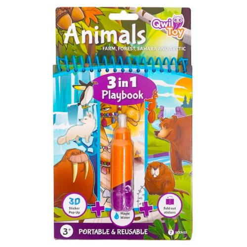 Livro de actividades Qwil Toy Animals 3 em 1 com caneta de água mágica e autocolantes