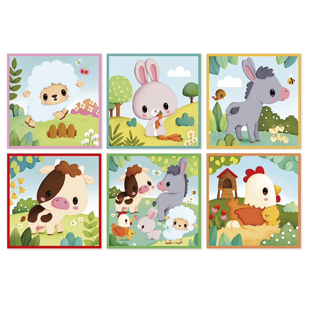Ilustrações coloridas de animais de quinta em ambiente campestre