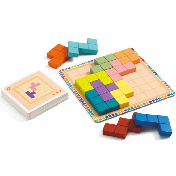 Jogo de tabuleiro de peças geométricas coloridas em madeira com cartas