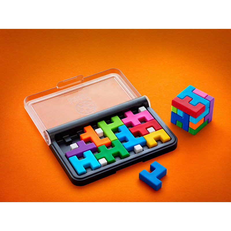 Jogo de puzzle tangram com peças coloridas numa base preta e tampa transparente