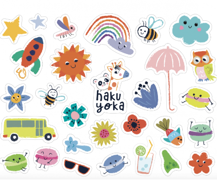 Autocolantes coloridos com desenhos infantis variados e texto 'haku yoka'
