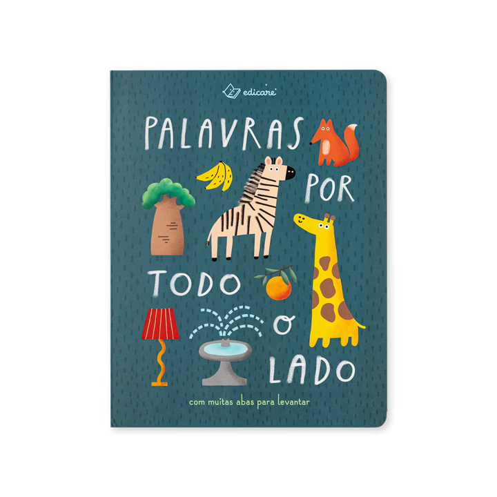 Capa azul de livro infantil com animais e objetos coloridos e texto em português