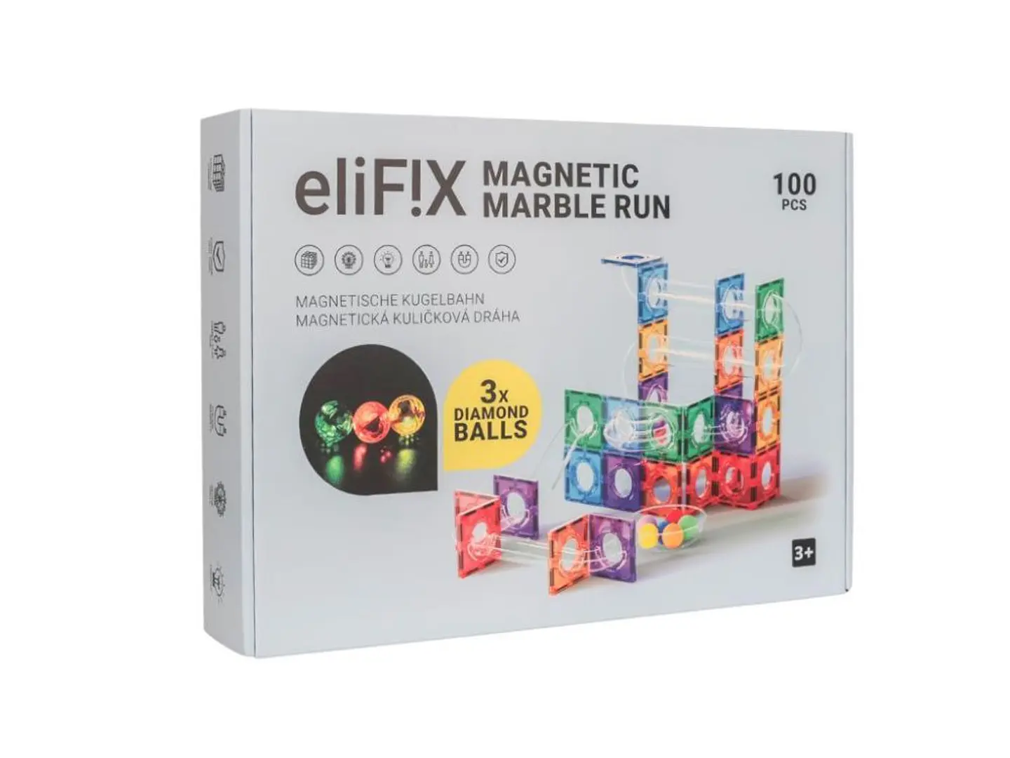 Caixa do jogo eliFIX Magnetic Marble Run com peças magnéticas coloridas e 3 esferas DIAMOND BALLS