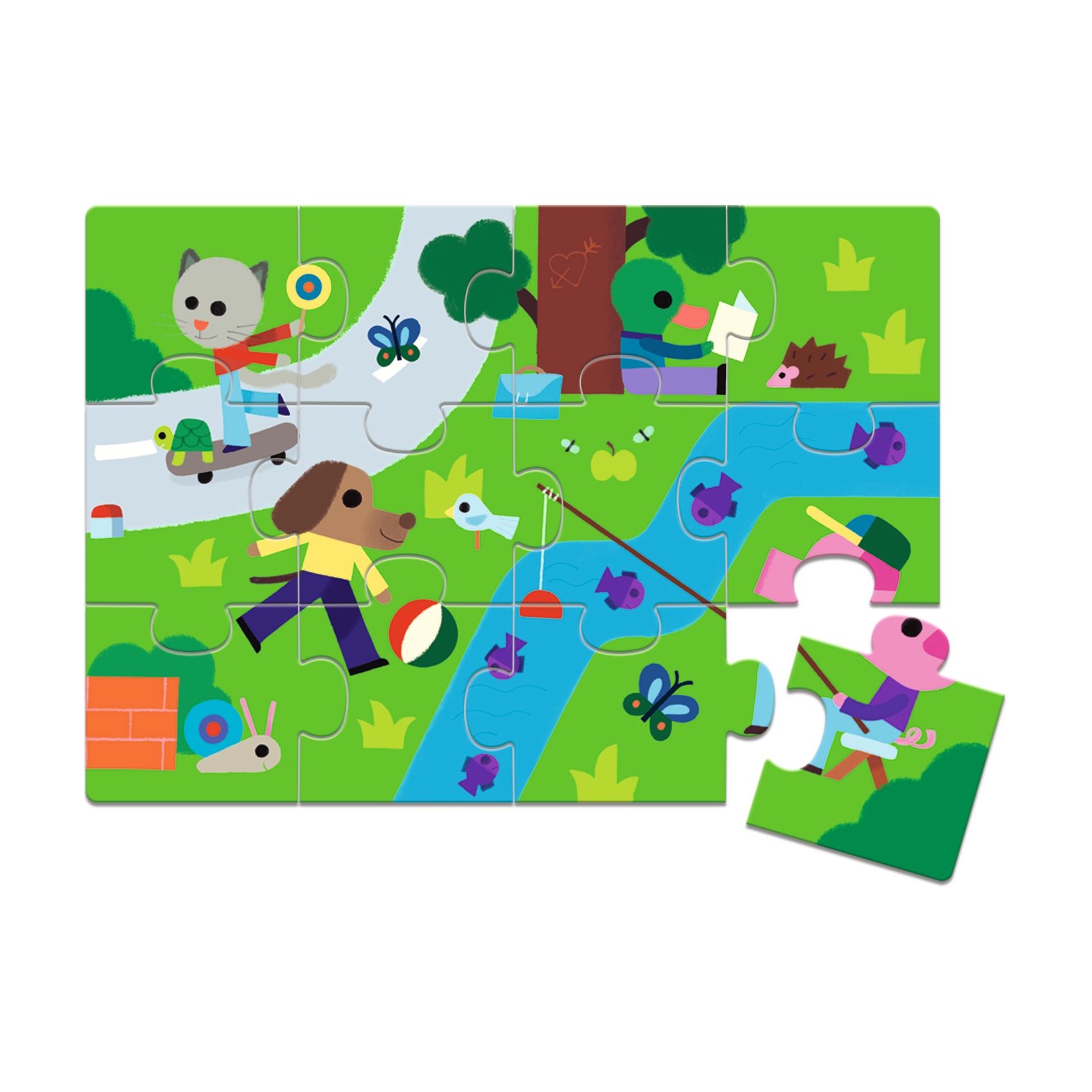 Puzzle colorido de animais em parque com peças encaixadas e uma peça separada.