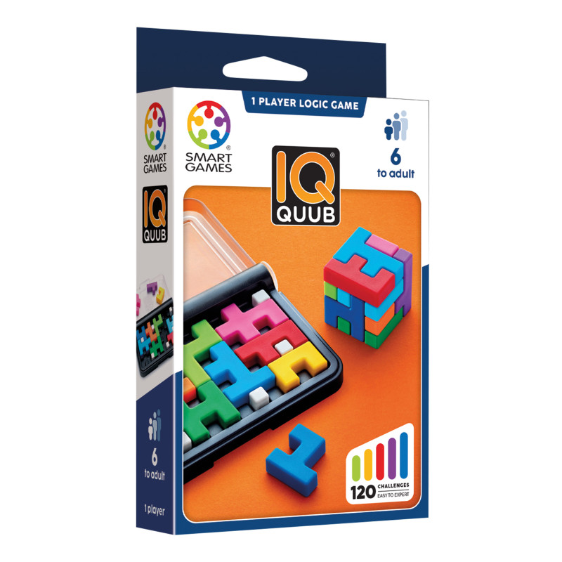 Caixa de jogo de lógica IQ QuuB da Smart Games com peças coloridas