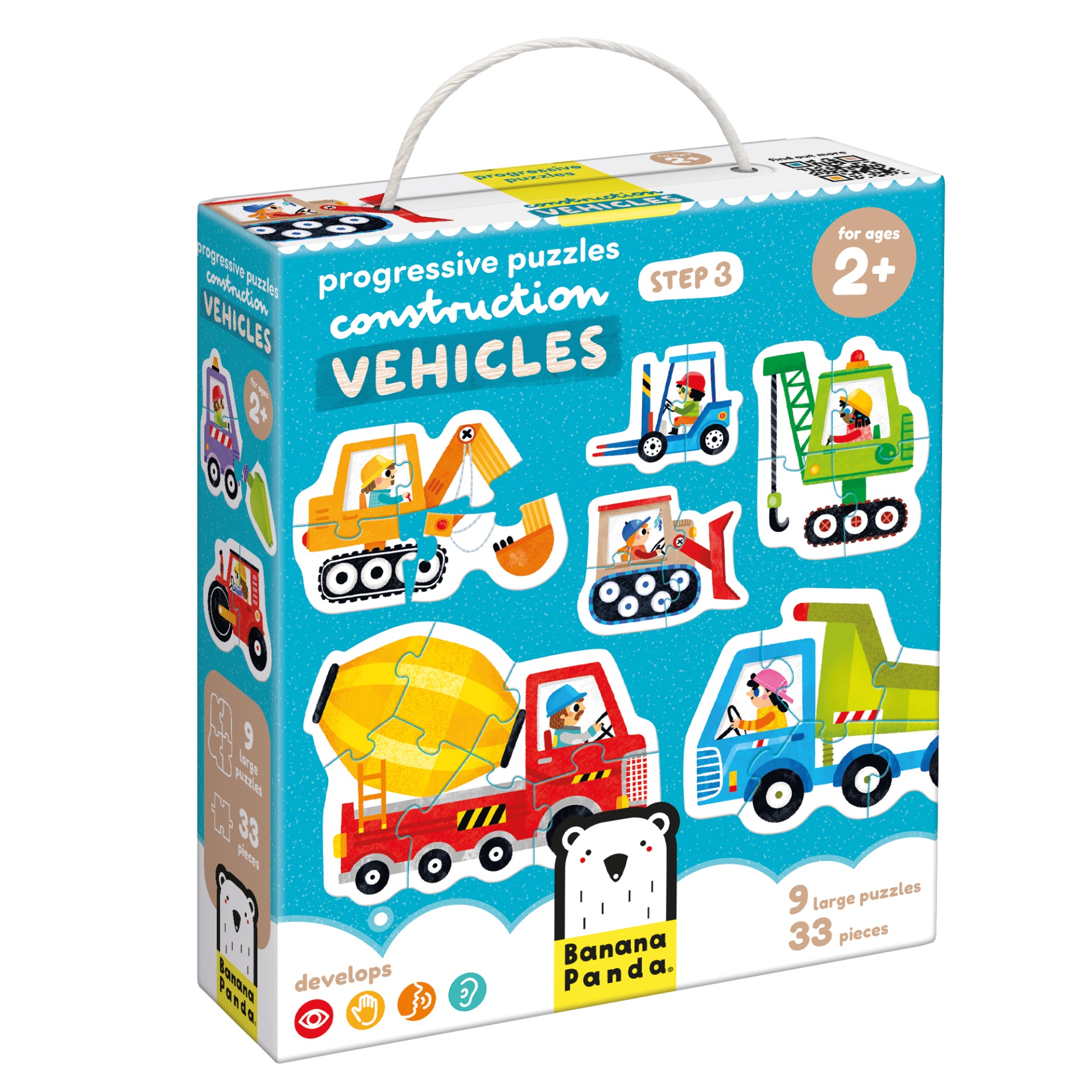Caixa de puzzles de construção de veículos para crianças com 9 puzzles grandes e 33 peças, colorida, com alça branca