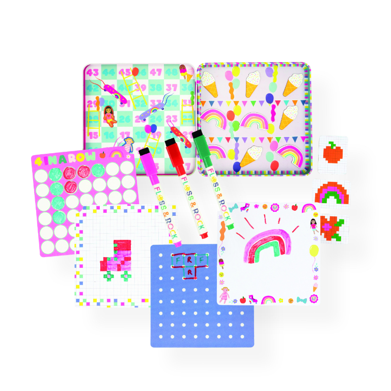 Conjunto colorido de jogos e material de papelaria para crianças com tabuleiros e canetas