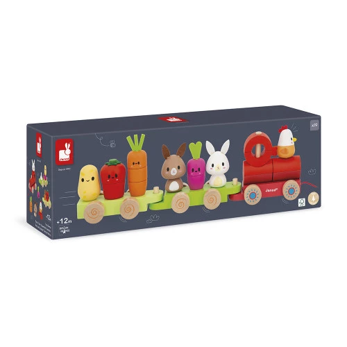 Brinquedo de madeira tipo comboio colorido com figuras de animais e vegetais
