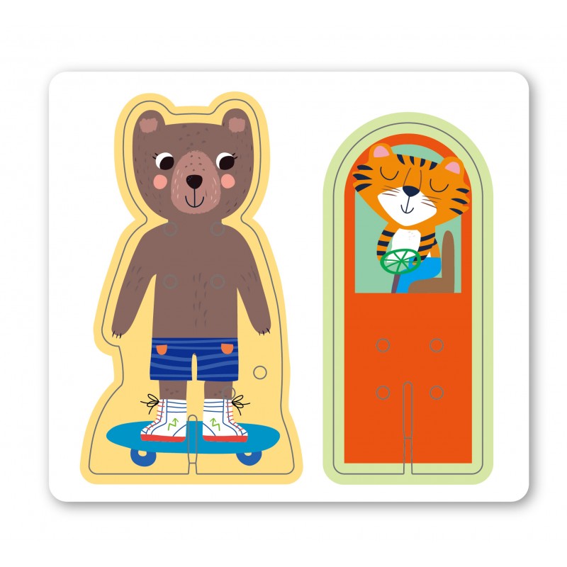 Puzzle de madeira com urso em skate e tigre sorridente em estrutura laranja.