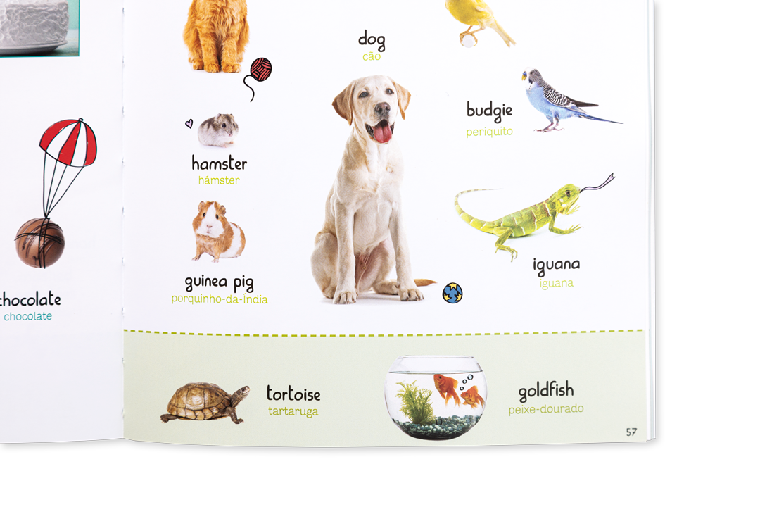 Página de livro infantil com imagens e texto de vários animais e seus nomes em inglês e português.