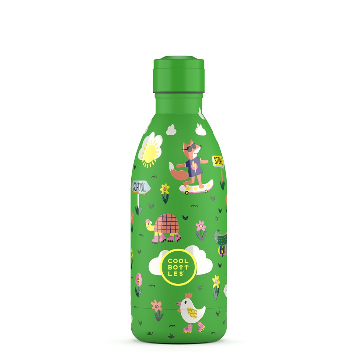 Garrafa reutilizável verde com desenhos de animais e texto COOL BOTTLES