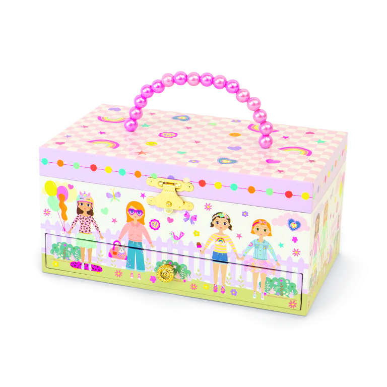 Caixa decorativa infantil com alça de pérolas rosa e ilustrações de meninas e elementos coloridos.