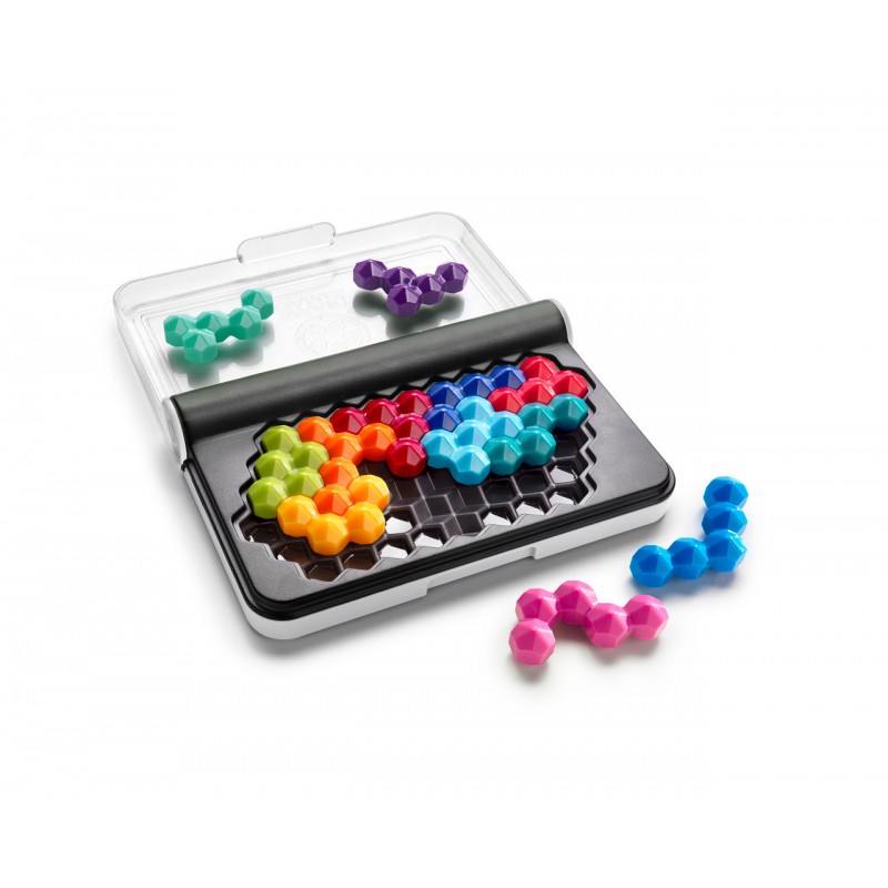 Jogo de tabuleiro com peças hexagonais coloridas numa base preta com tampa transparente