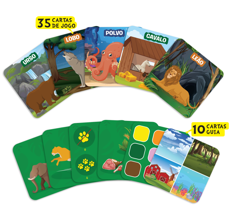 Cartas de jogo e cartas guia com animais e natureza, texto em português.