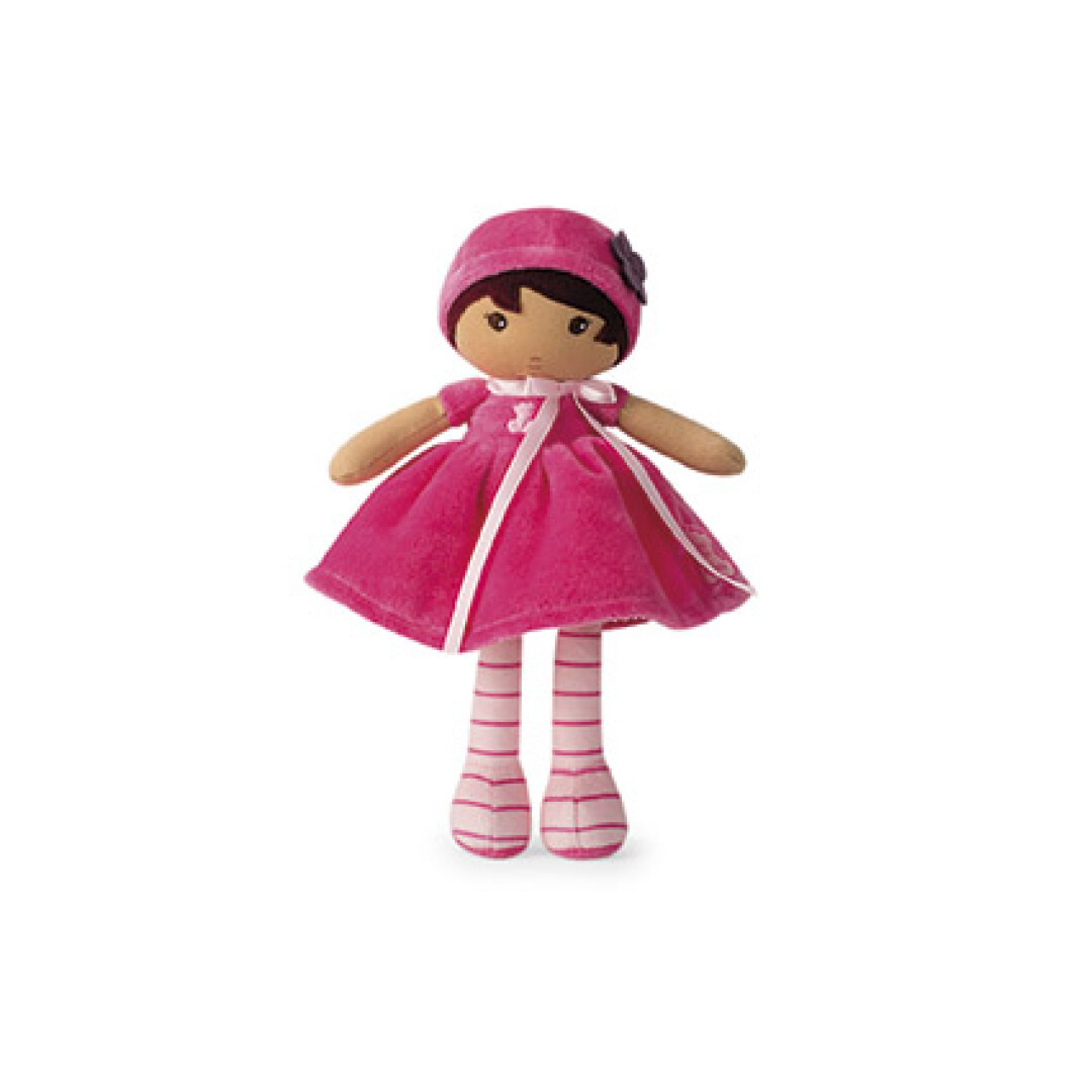 Boneca de pano com vestido e touca cor-de-rosa e meias riscas