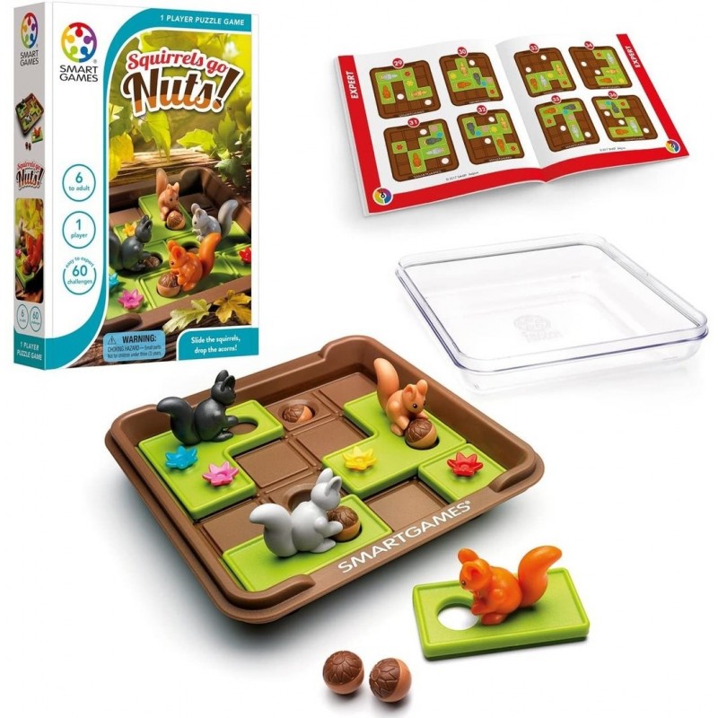 Jogo de puzzle com esquilos, tabuleiro e manual