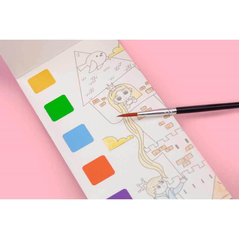 Paleta de cores com pincel e desenho para pintar, sobre fundo rosa