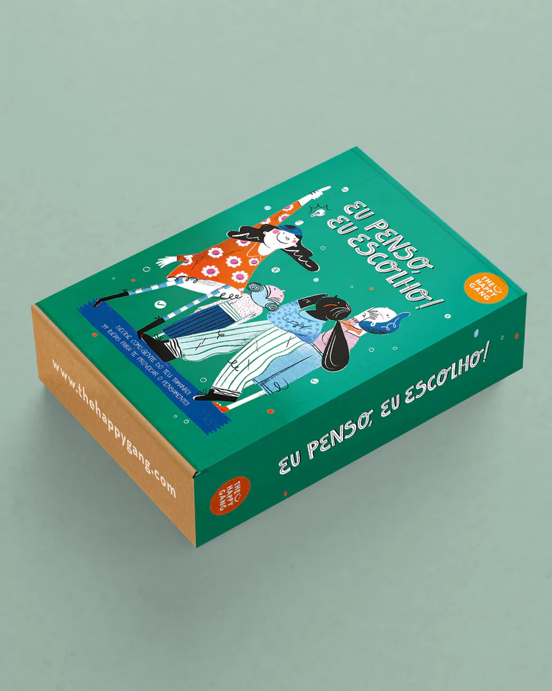 Caixa verde com ilustração e texto EU PENSO, EU ESCOLHO!