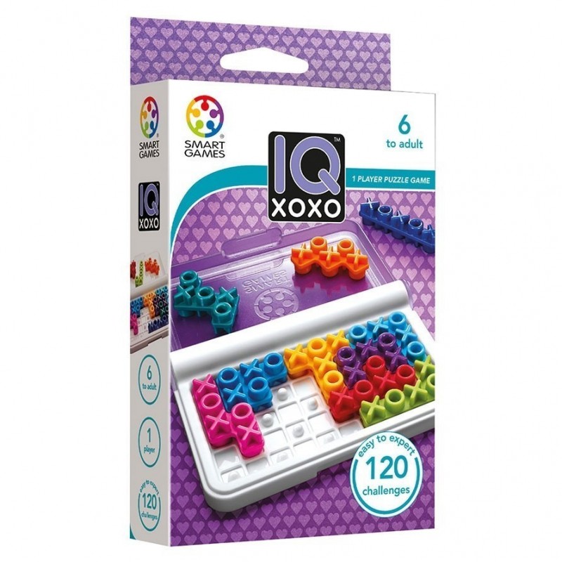 Jogo de puzzle IQ XOXO com tabuleiro branco e peças X e O coloridas