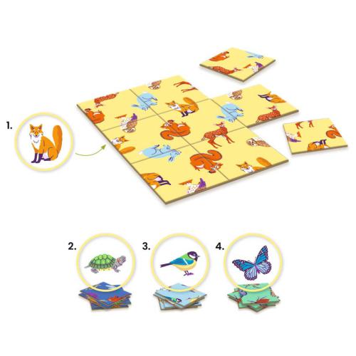 Peças de puzzle infantis com imagens de animais sobre fundo amarelo.